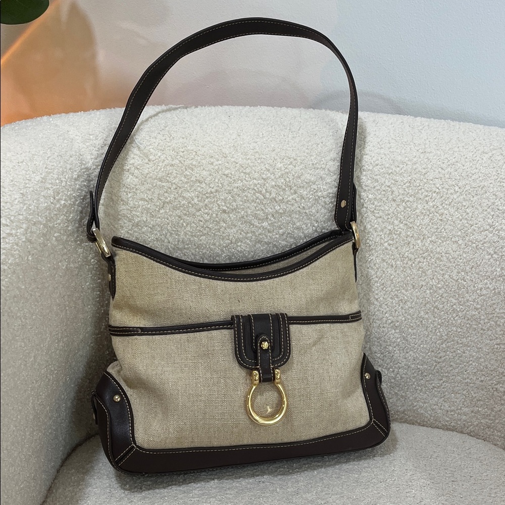 ETIENNE AIGNER Vintage Tan Canvas Brown Leather Shoulder Bag Gold Hardware